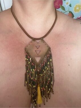 Boho Geometric Brass Seed Bead Fringe Statement Necklace - Earthy Tones